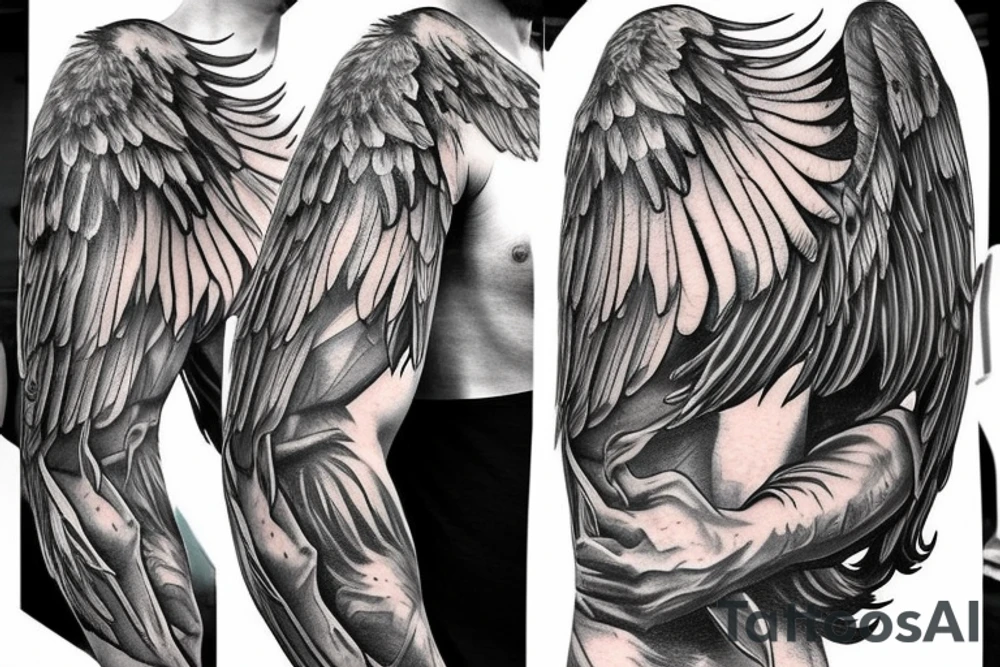 Cool male angel with huge wings and a weapon tattoo idea
