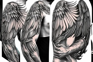 Cool male angel with huge wings and a weapon tattoo idea