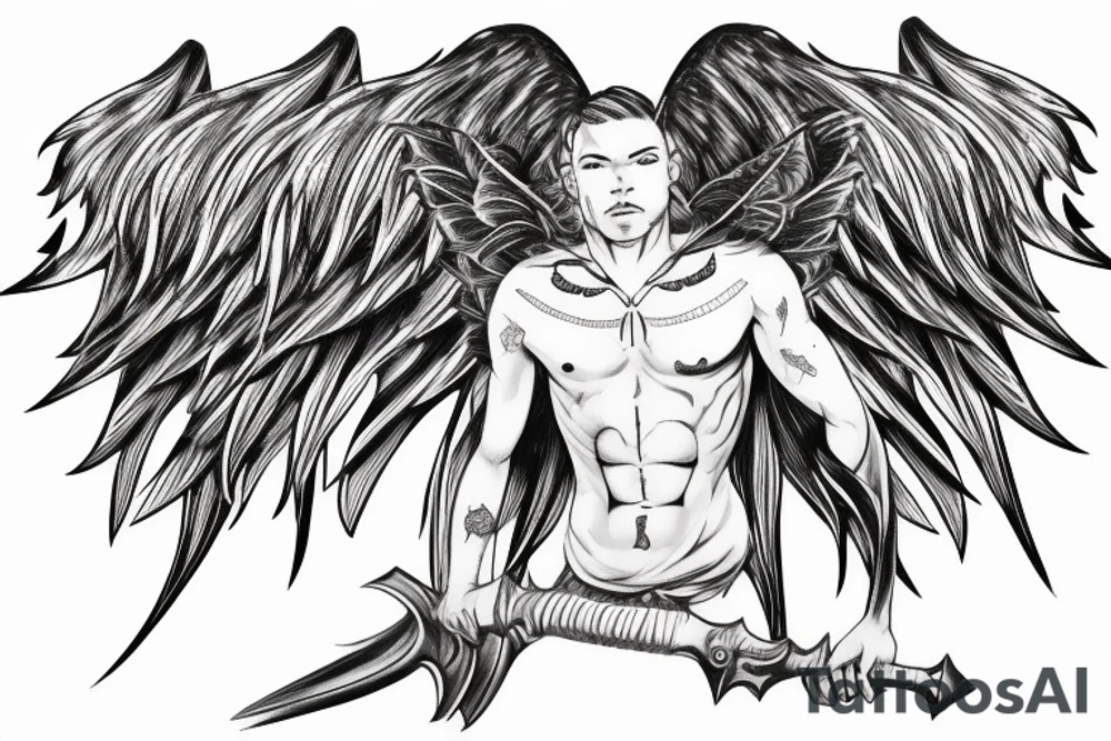 Cool male angel with huge wings and a weapon tattoo idea