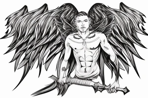 Cool male angel with huge wings and a weapon tattoo idea