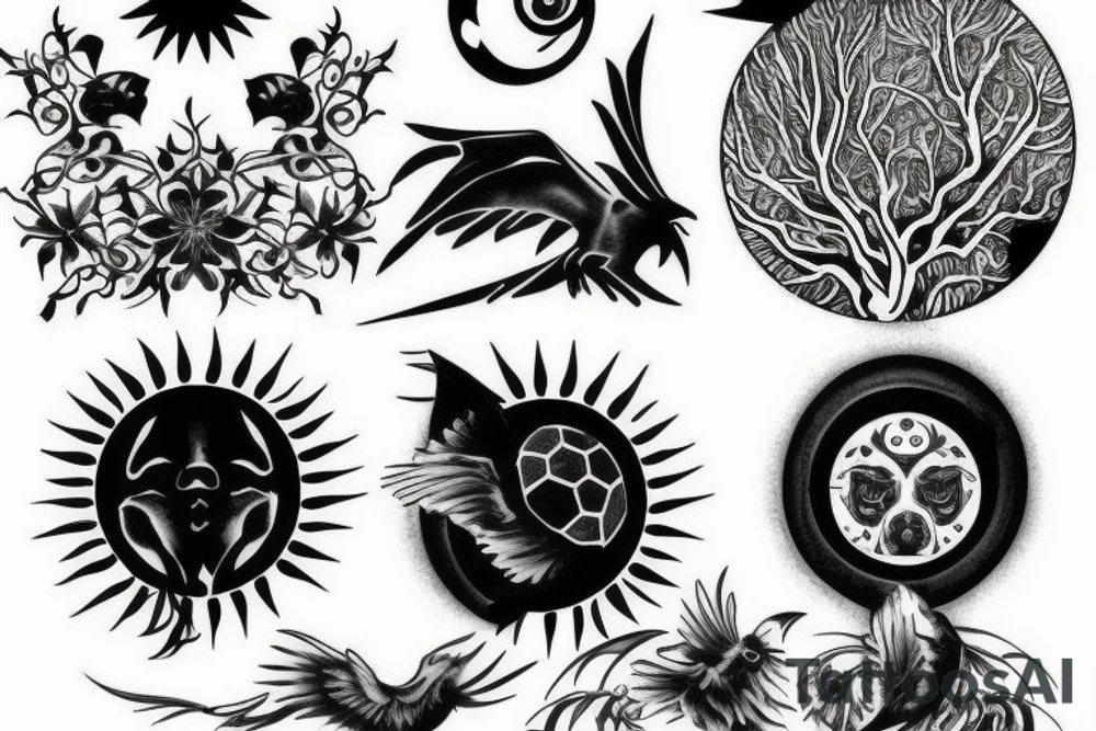 Black sun of tree and two raven tattoo idea