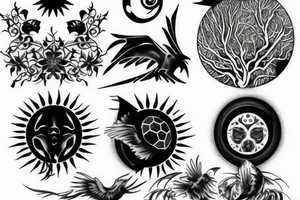 Black sun of tree and two raven tattoo idea