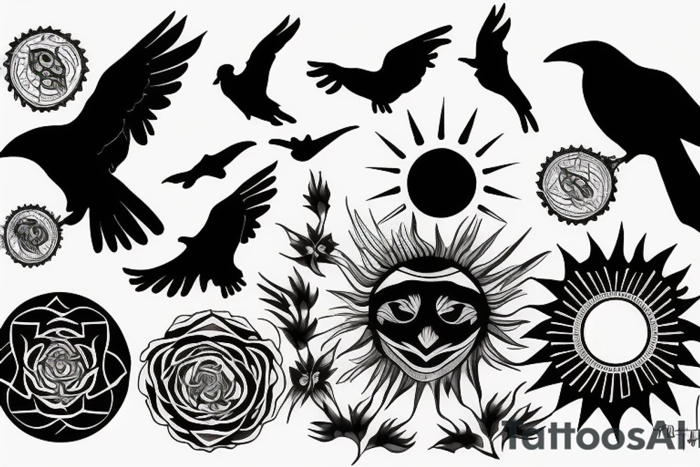 Black sun of tree and two raven tattoo idea