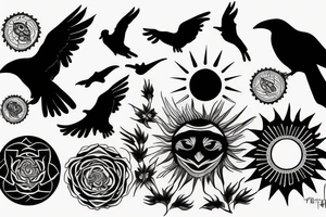 Black sun of tree and two raven tattoo idea