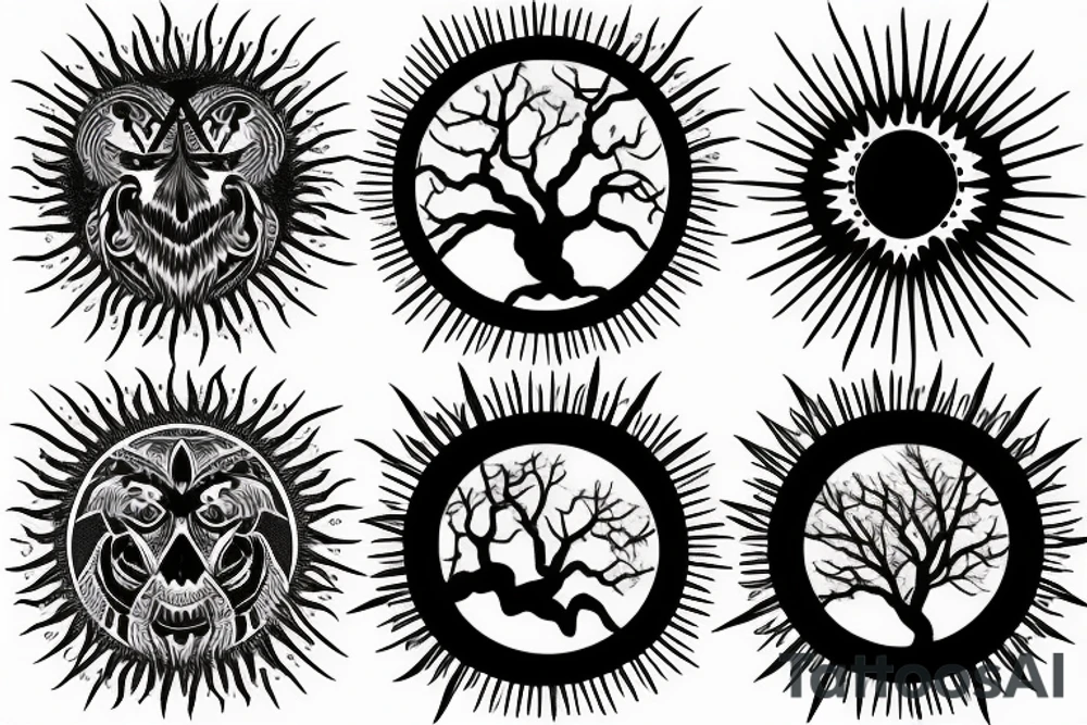 Black sun of tree and two raven tattoo idea