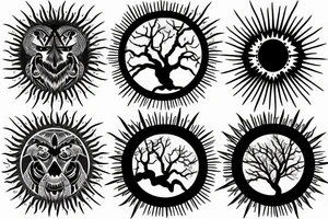 Black sun of tree and two raven tattoo idea