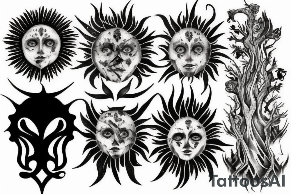 Black sun of tree and two raven tattoo idea