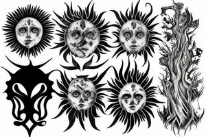 Black sun of tree and two raven tattoo idea