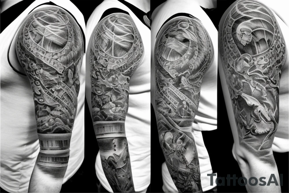 full sleeve tatoo of pompei while wolcano erupt tattoo idea