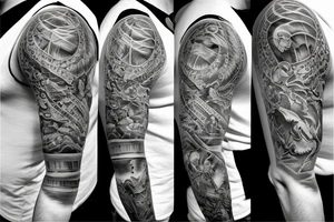 full sleeve tatoo of pompei while wolcano erupt tattoo idea