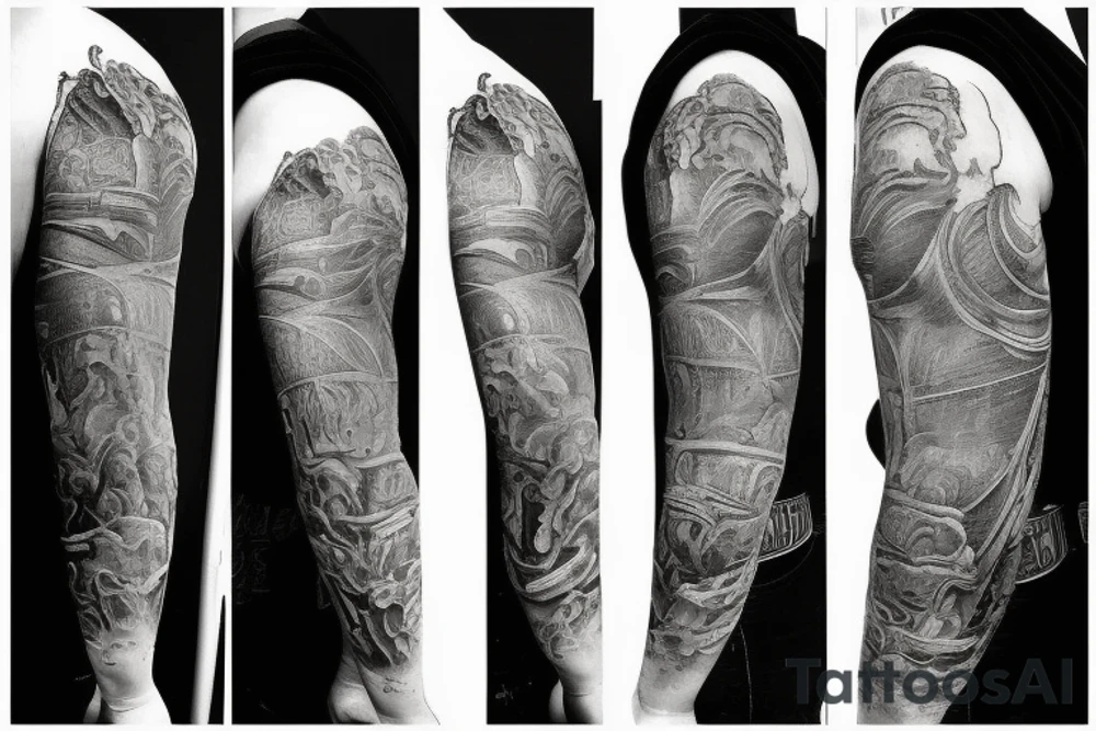 full sleeve tatoo of pompei while volcano erupt, antiquity, realism tattoo idea