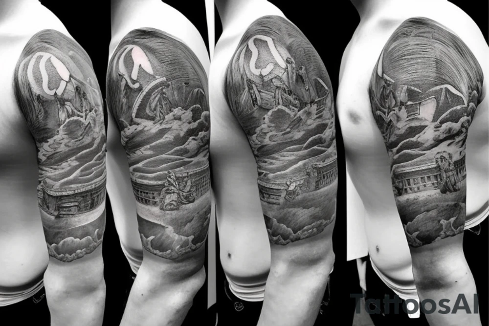full sleeve tatoo of pompei while volcano erupt, antiquity, realism tattoo idea