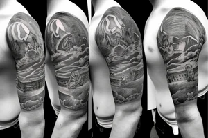 full sleeve tatoo of pompei while volcano erupt, antiquity, realism tattoo idea