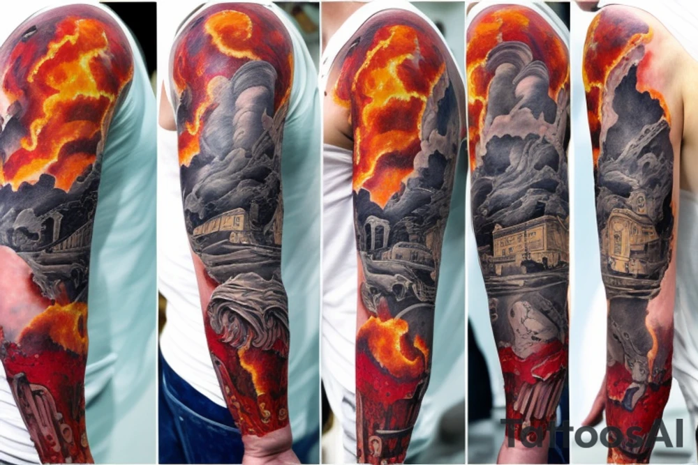 full sleeve tatoo of pompei while volcano erupt, antiquity, realism tattoo idea