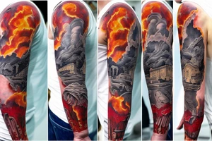 full sleeve tatoo of pompei while volcano erupt, antiquity, realism tattoo idea