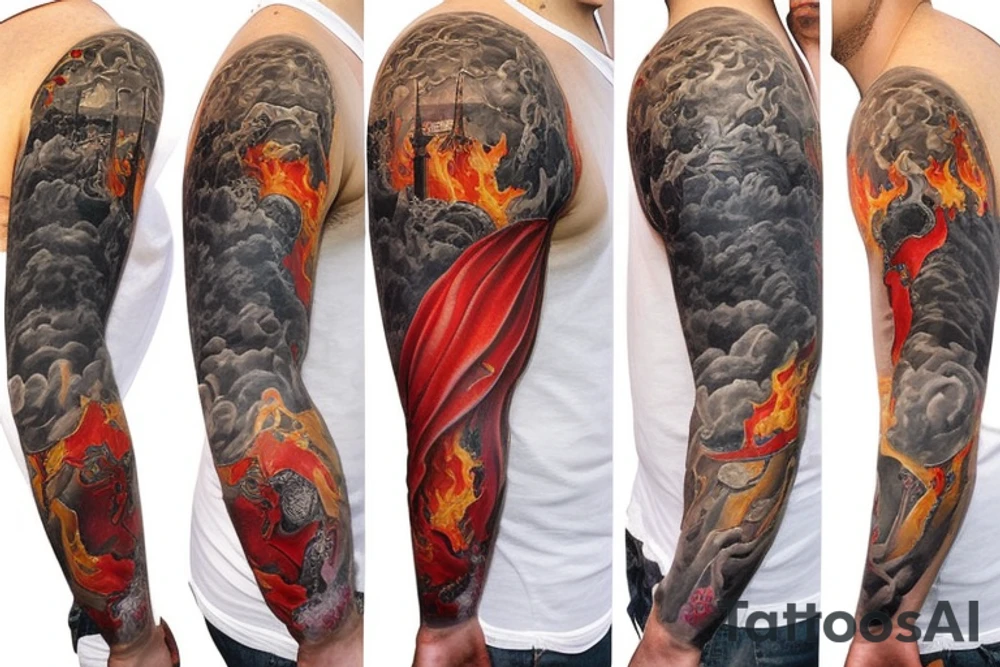 full sleeve tatoo of pompei while volcano erupt, antiquity, realism tattoo idea