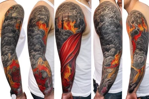 full sleeve tatoo of pompei while volcano erupt, antiquity, realism tattoo idea