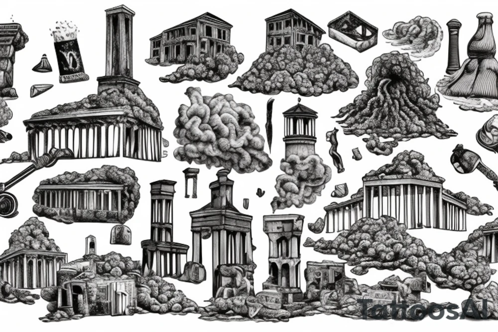 antique city of pompei, roman village, destroyed houses, erupting volcano, death, ashes, realism, tattoo idea