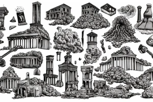 antique city of pompei, roman village, destroyed houses, erupting volcano, death, ashes, realism, tattoo idea
