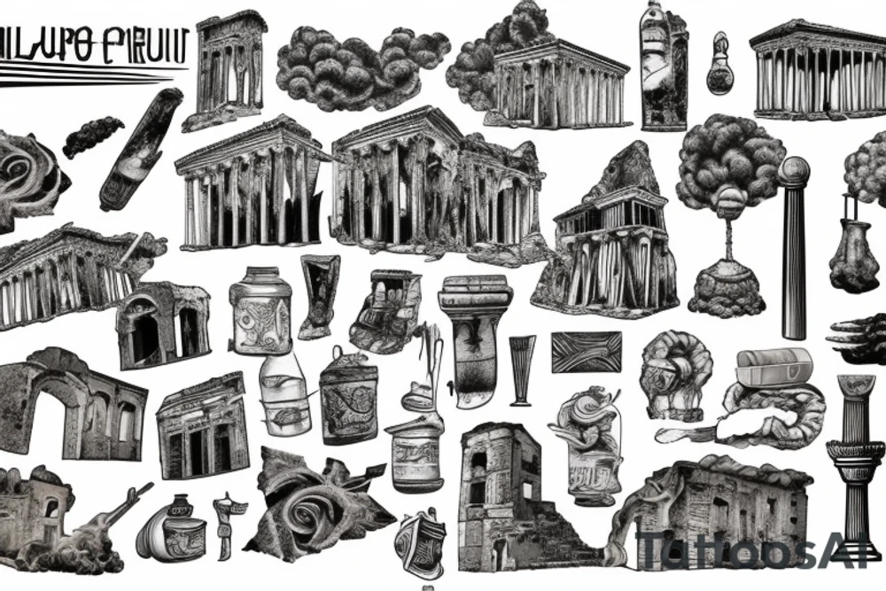 antique city of pompei, roman village, destroyed houses, erupting volcano, death, ashes, realism, tattoo idea