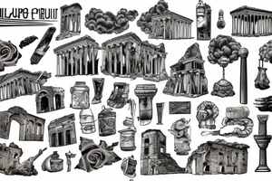 antique city of pompei, roman village, destroyed houses, erupting volcano, death, ashes, realism, tattoo idea