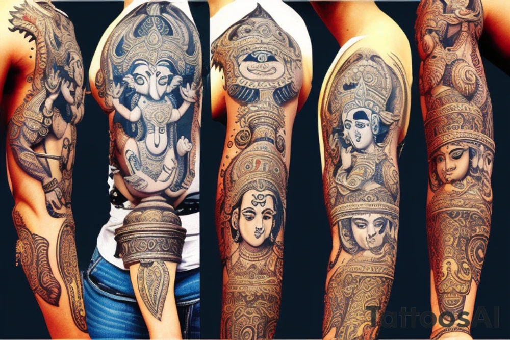 arm tattoo
ganesha
mahadev
lord vishnu
krishna
sleeve tattoo idea