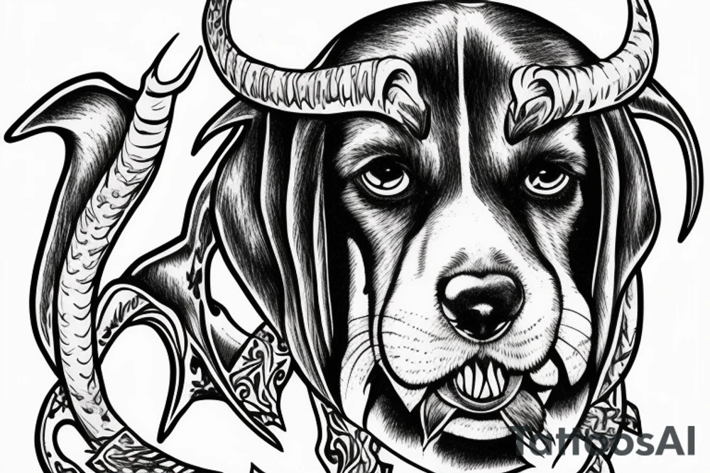 Demon Basset Hound with horns, from front stitting with evil smile tattoo idea