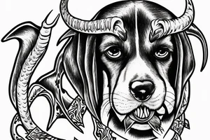Demon Basset Hound with horns, from front stitting with evil smile tattoo idea