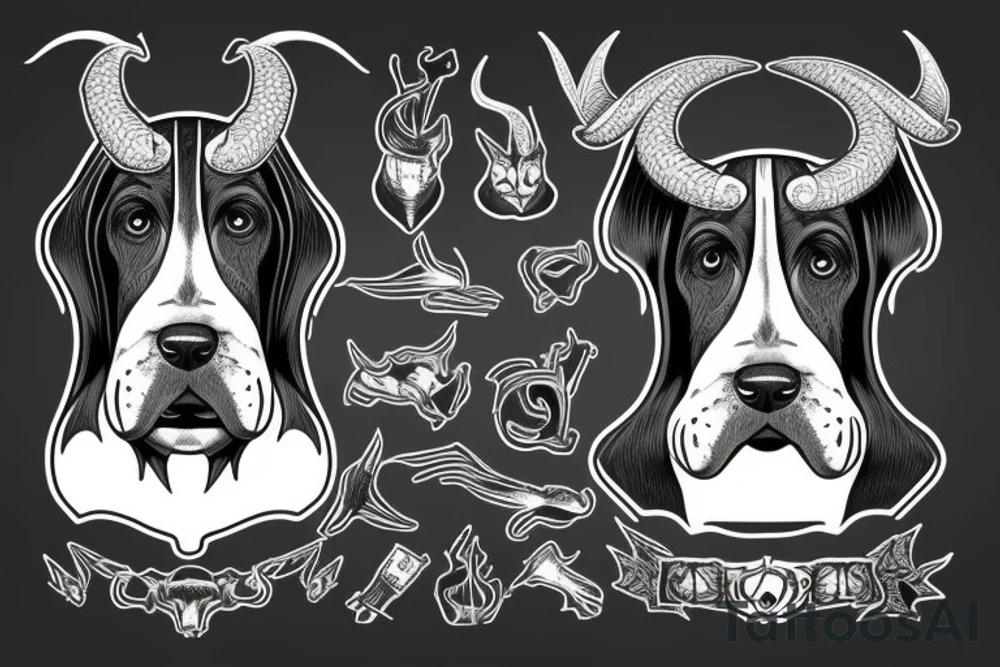 Demon Basset Hound with horns, from front stitting with evil smile tattoo idea