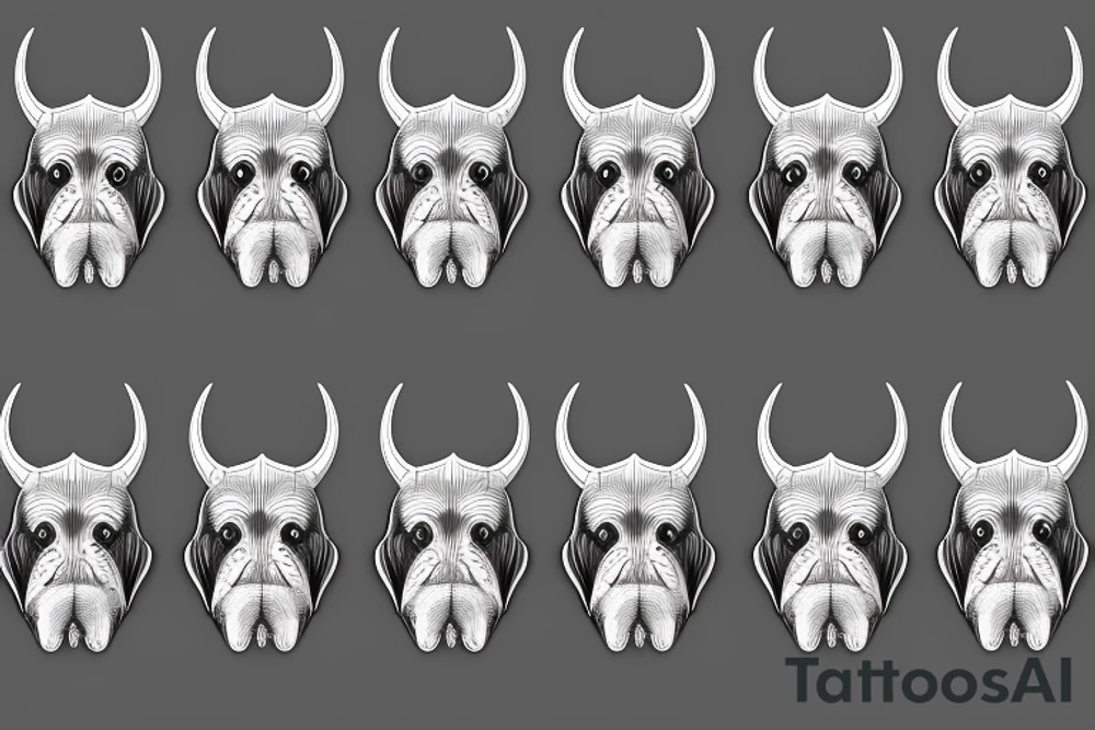 Realistic 3D Demon Basset Hound with horns, from front stitting with evil smile tattoo idea