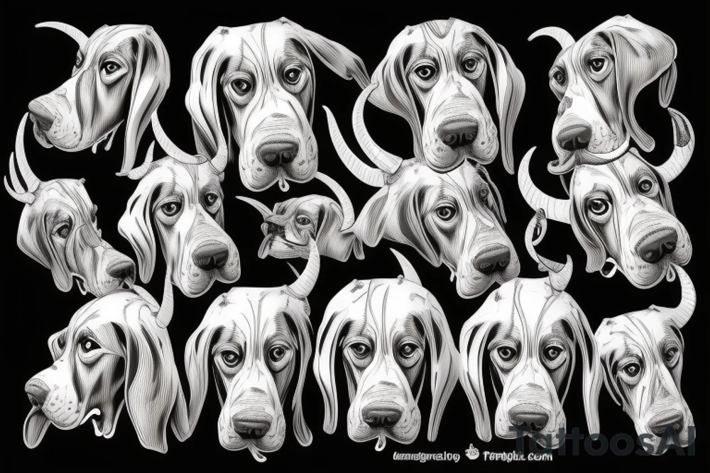 Realistic 3D Demon Basset Hound with horns, from front stitting with evil smile tattoo idea