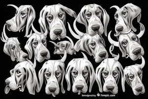 Realistic 3D Demon Basset Hound with horns, from front stitting with evil smile tattoo idea