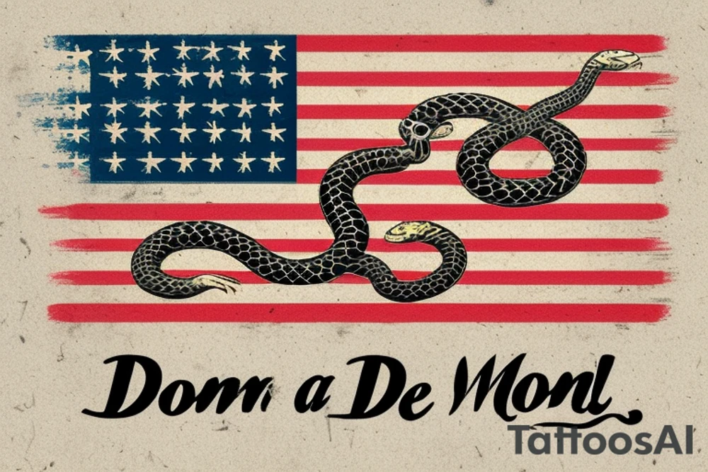 Worn American flag,  snake image from 1776 flag don’t tread on me, top word: Don’t Tread on Me  bottom words: Live Free or Die       Use the script from the declaration of independence style. tattoo idea