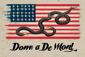 Worn American flag,  snake image from 1776 flag don’t tread on me, top word: Don’t Tread on Me  bottom words: Live Free or Die       Use the script from the declaration of independence style. tattoo idea