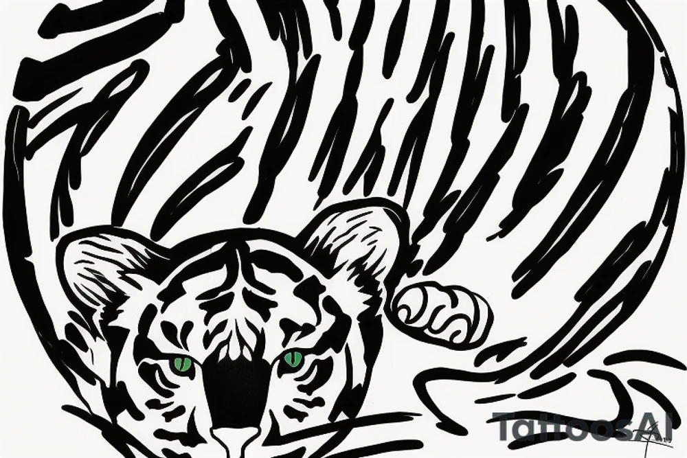 Tattoo of a minimalist version of the stripes and pattern of a tiger cat's head, enclosed by a circle. tattoo idea