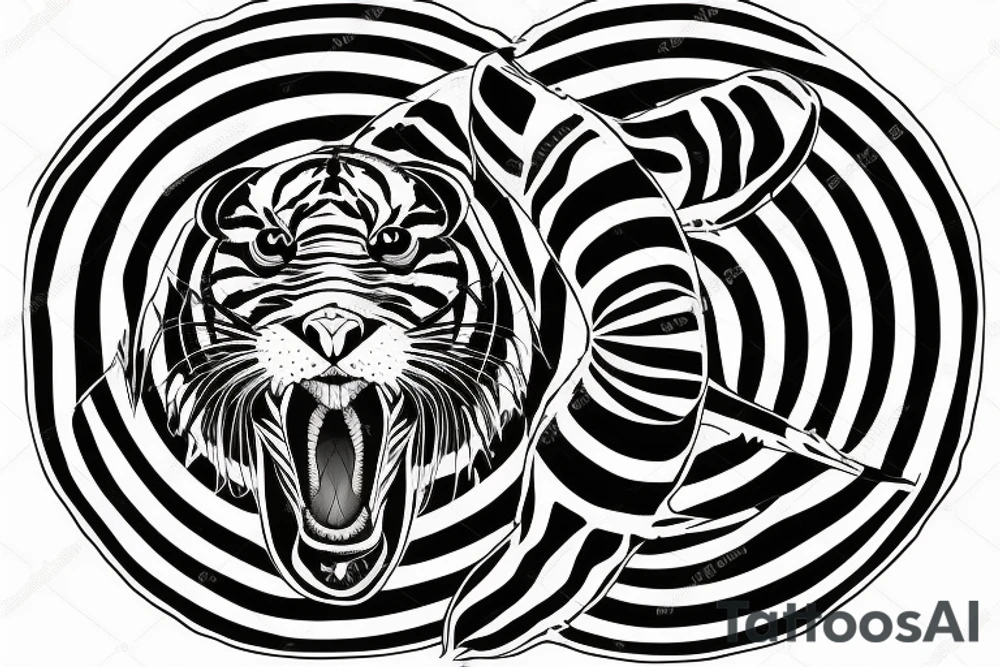 Tattoo of a minimalist version of the stripes and pattern of a tiger cat's head, enclosed by a circle. tattoo idea