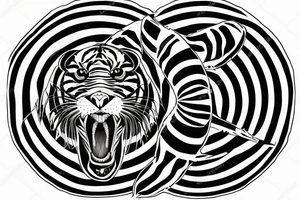 Tattoo of a minimalist version of the stripes and pattern of a tiger cat's head, enclosed by a circle. tattoo idea