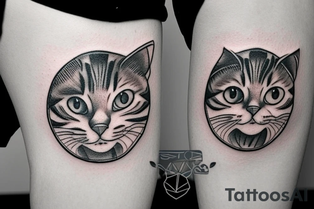 Tattoo of a minimalist version of the stripes and pattern of a tabby cat's head, enclosed by a circle. tattoo idea