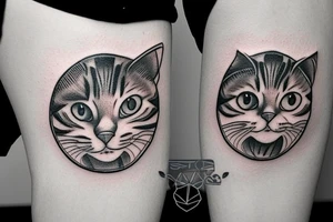 Tattoo of a minimalist version of the stripes and pattern of a tabby cat's head, enclosed by a circle. tattoo idea