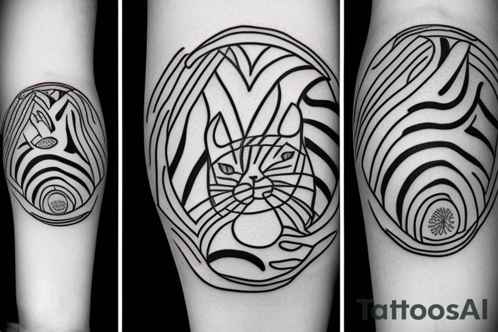 Tattoo of a minimalist version of the stripes and pattern of a tabby cat's head, enclosed by a circle. tattoo idea