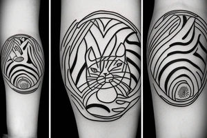 Tattoo of a minimalist version of the stripes and pattern of a tabby cat's head, enclosed by a circle. tattoo idea