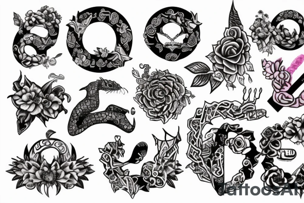 Felin with pink flower, Ouroboros, laurel crown and "777" numbers tattoo idea