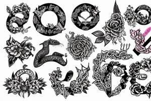 Felin with pink flower, Ouroboros, laurel crown and "777" numbers tattoo idea
