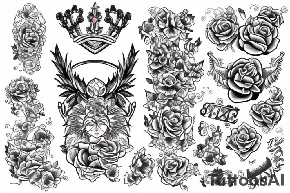 Felin with pink flower, Ouroboros, laurel crown and "777" numbers tattoo idea