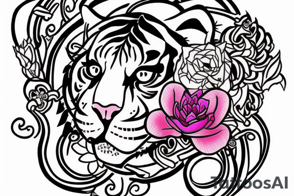 Tiger with pink flower, Ouroboros, laurel crown and "777" numbers tattoo idea