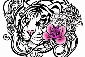 Tiger with pink flower, Ouroboros, laurel crown and "777" numbers tattoo idea