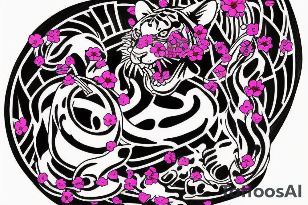 Tiger with pink flower, Ouroboros, laurel crown and "777" numbers tattoo idea
