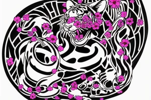 Tiger with pink flower, Ouroboros, laurel crown and "777" numbers tattoo idea