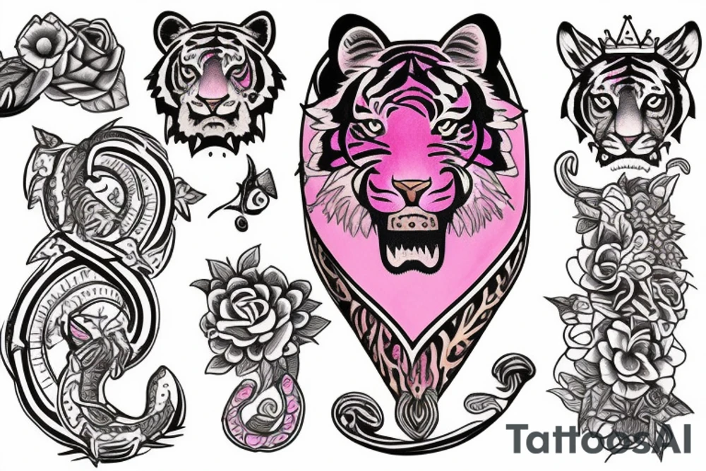 Tiger with pink flower, Ouroboros, laurel crown and "777" numbers tattoo idea