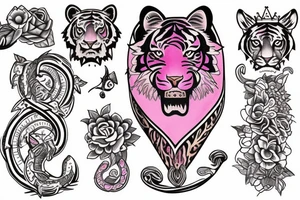 Tiger with pink flower, Ouroboros, laurel crown and "777" numbers tattoo idea